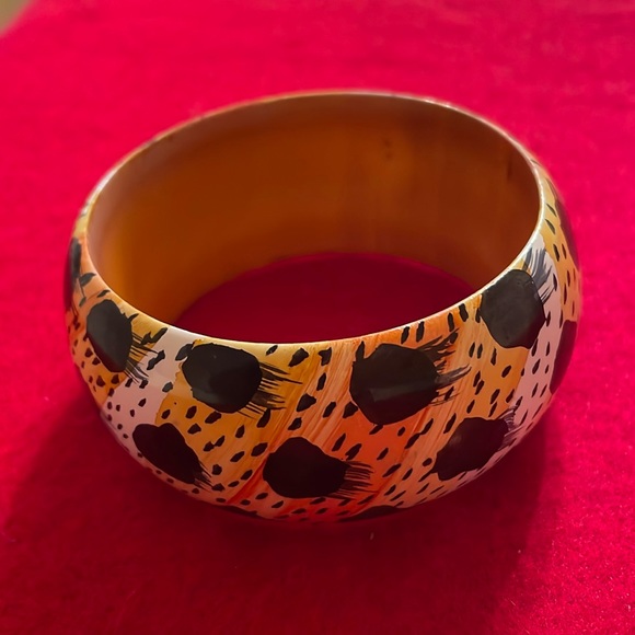 Thick Chunky Animal Print Statement Bangle Bracelet Black/Orange/Beige-2 3/4” - Picture 1 of 3